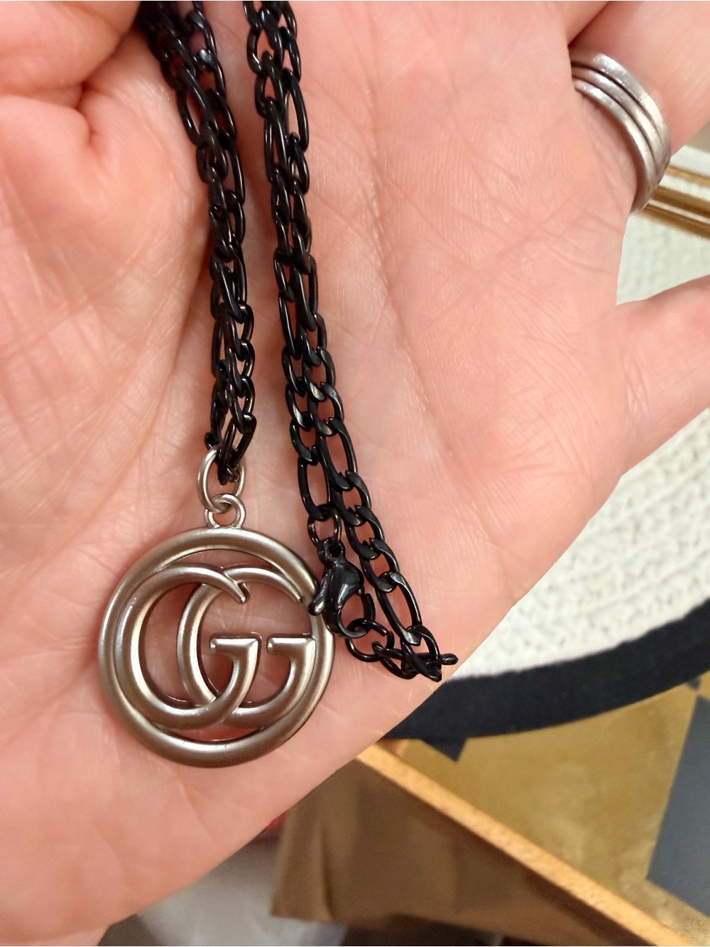 18 inch ⭐️  Gunmetal Figaro Chain Necklace with Silver Double G Pendant- NEW